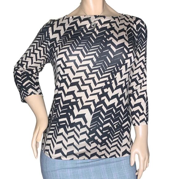 Dana Buchman Blouse 3/4 Sleeve Size XL Distorted Chevron Black and Tan Print - Picture 1 of 5